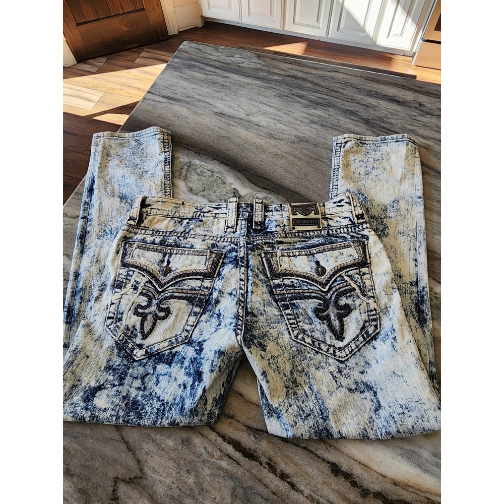 Rock Revival Jerret Alt Straight Acid Wash Distressed Jeans Mens 34